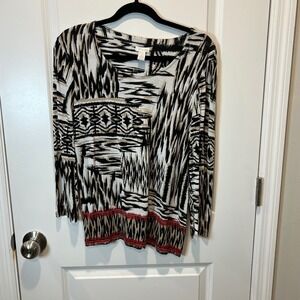 Chicos 1‎ Black White Tan Red Abstract Print Long Sleeve Top Shirt Womens Size 1
